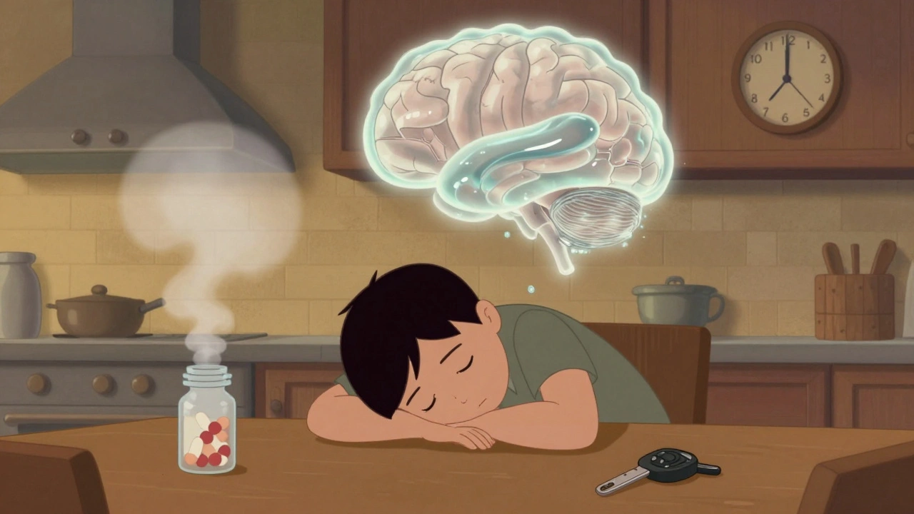 Person drowsy at table with foggy brain and sleepy pill cloud, UPA-style animation.