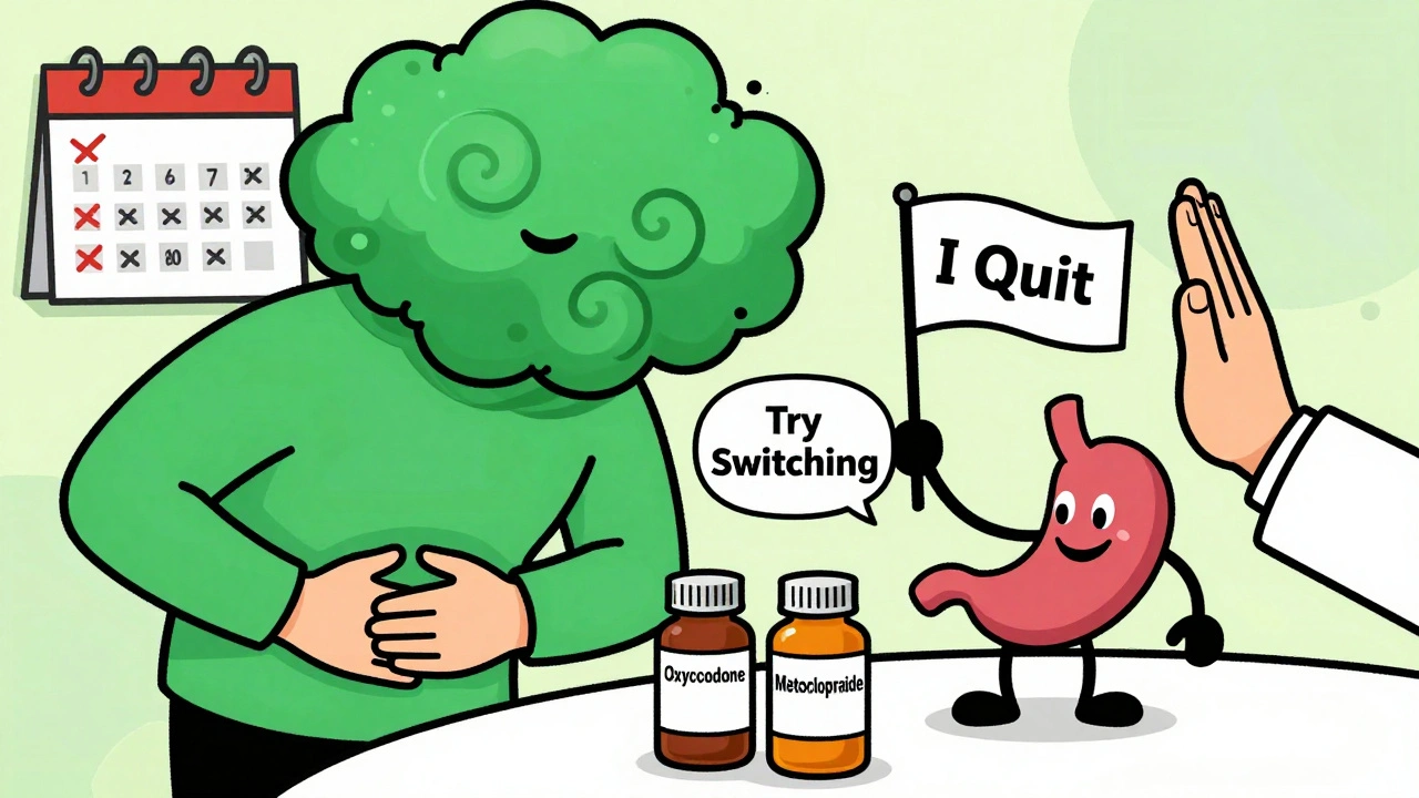 Person with nausea cloud and talking stomach, three opioid pills and anti-nausea med on table.