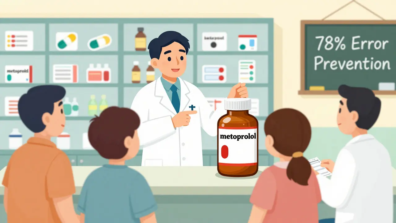 Pharmacist correcting a mislabeled prescription for metoprolol instead of metformin.