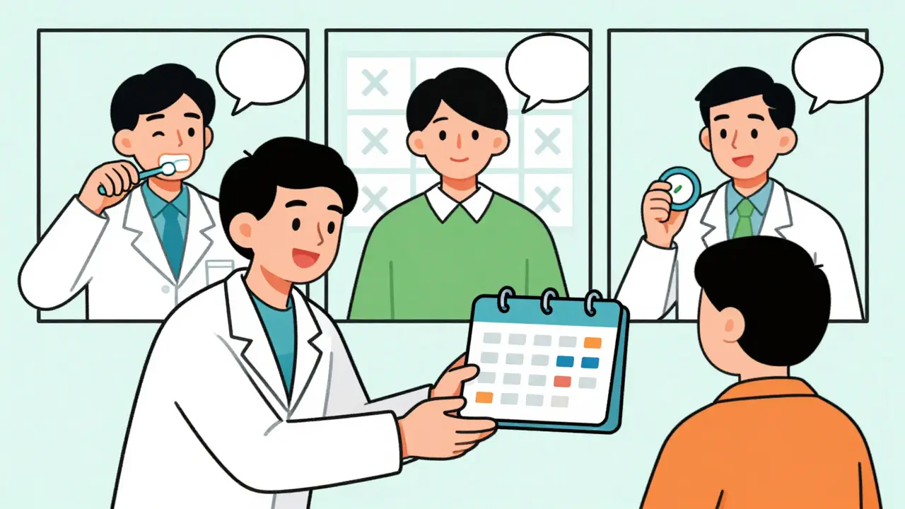 Pharmacist handing patient pill organizer and calendar, with three success scenes in background.
