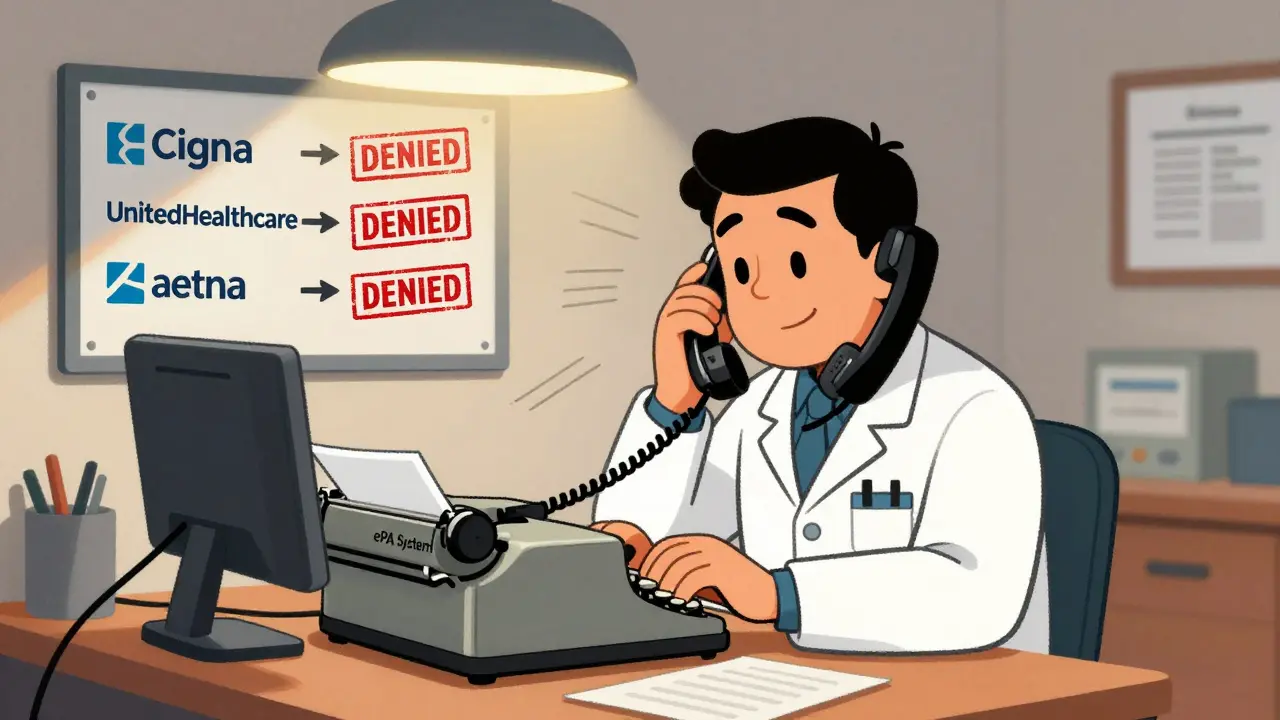 Pharmacist juggling multiple phone calls while typing at a desk with insurer denial stamps on the wall.