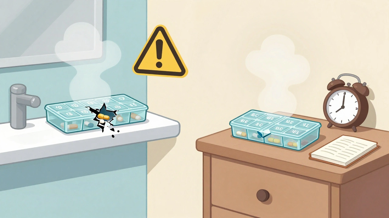 Pill organizer damaged by bathroom steam versus safely stored in a dry bedroom drawer.