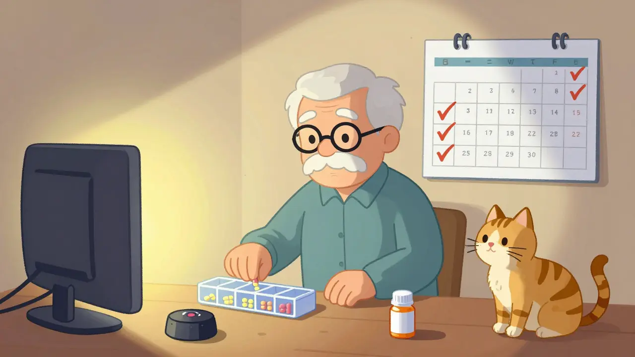 Senior filling weekly pill organizer while turning off TV, cat beside them, calendar with checkmarks on wall.