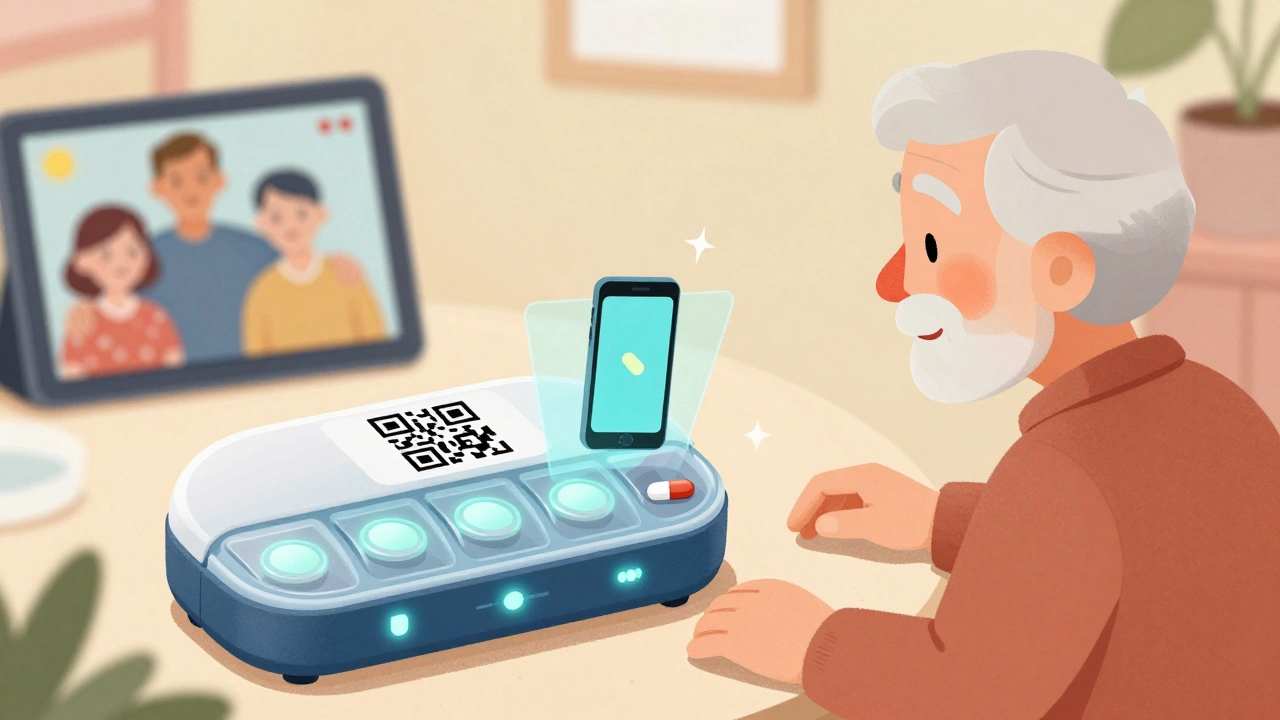 Smart pill organizer with QR code projection and glowing alerts beside an older adult.
