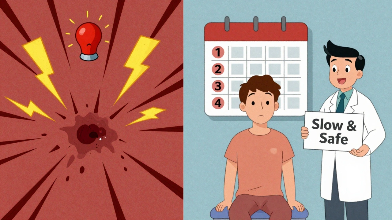 Split scene: chaotic rash vs calm dosing calendar, doctor holding &#039;Slow &amp; Safe&#039; sign.