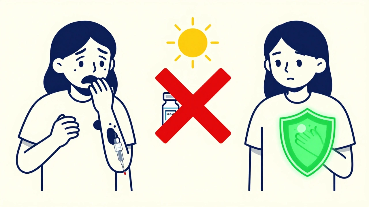 Split scene: patient harmed by heparin on left, safe with alternative treatment on right, with heparin crossed out.