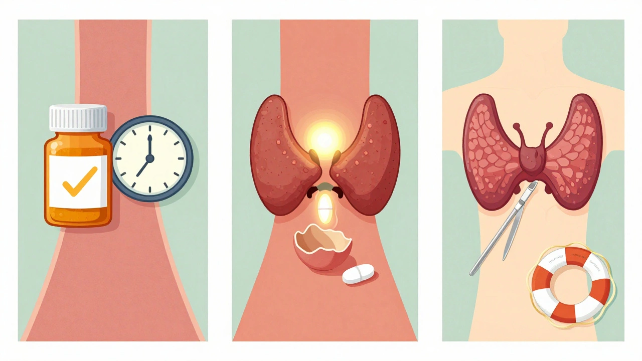 Three illustrated treatment paths: pill, radioactive iodine, and surgery, each with symbolic visual elements.