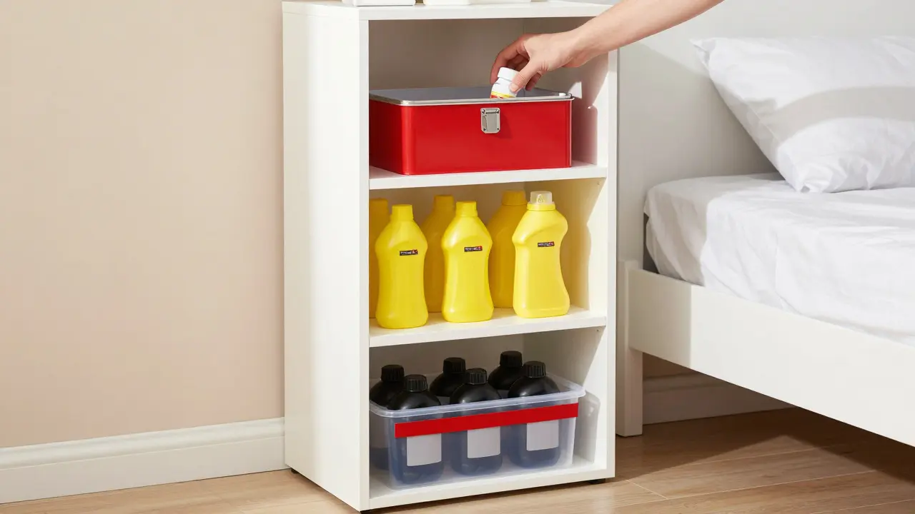 Three-zone storage system with locked meds high, cleaners mid, chemicals low.