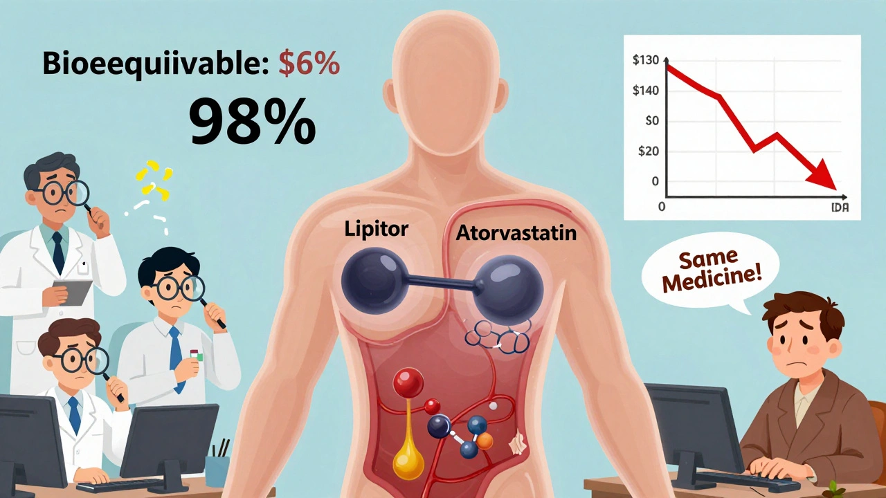 Transparent body showing identical drug molecules in blood, with FDA inspectors confirming equivalence.