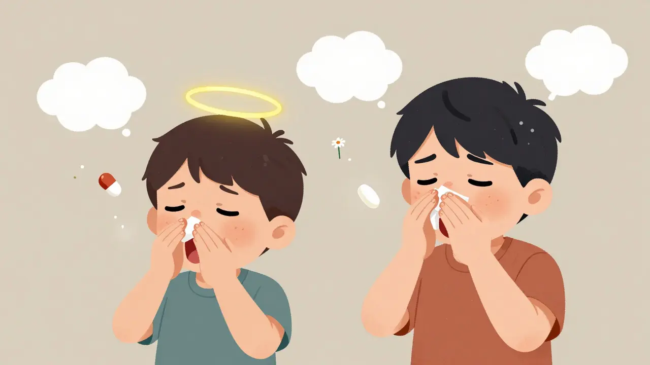 Two children with allergy symptoms, one receiving desloratadine, the other loratadine.