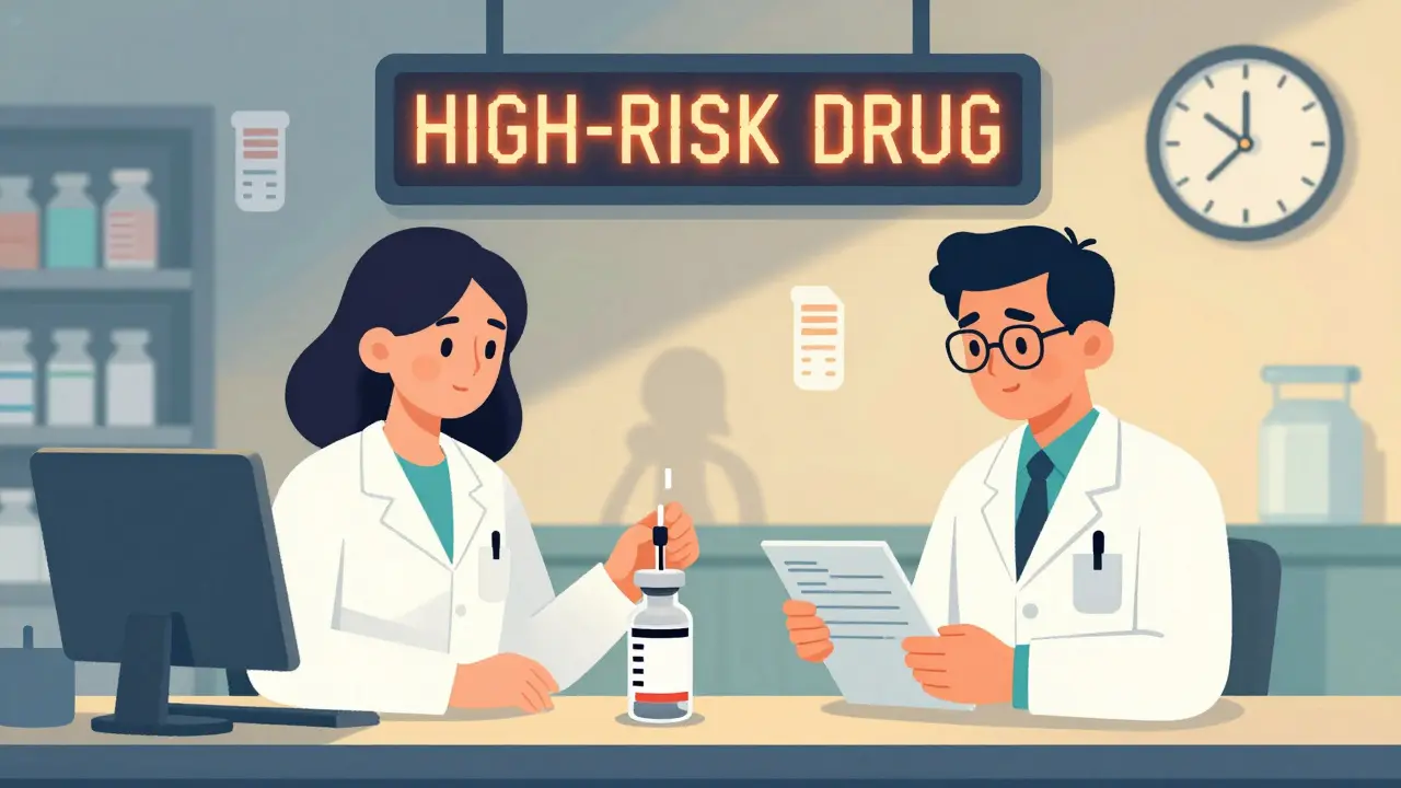 Two pharmacists double-checking an insulin dose in a quiet hospital pharmacy at night.