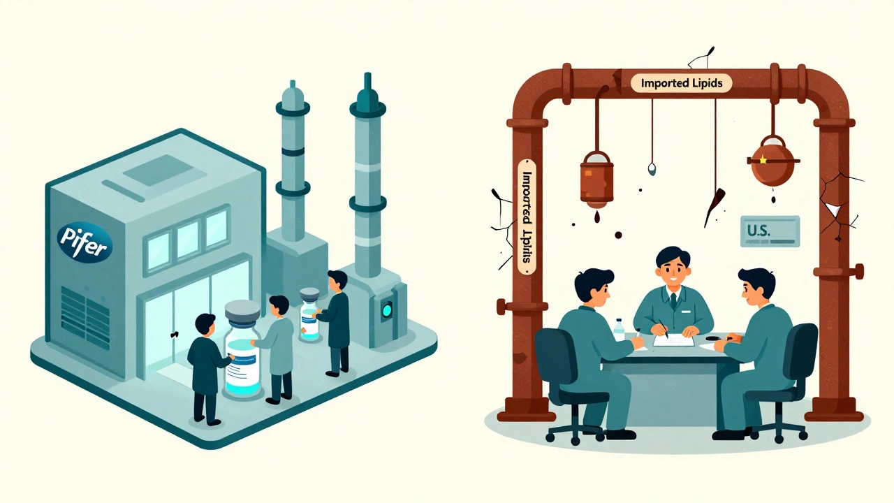 Two vaccine factories side by side: one advanced, one reliant on imported materials, with supply lines breaking apart.