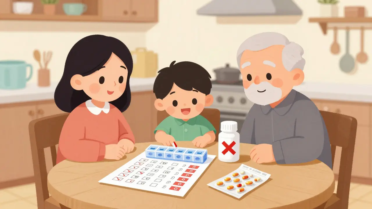 A family reviewing a medication chart and disposing of expired pills at a kitchen table.