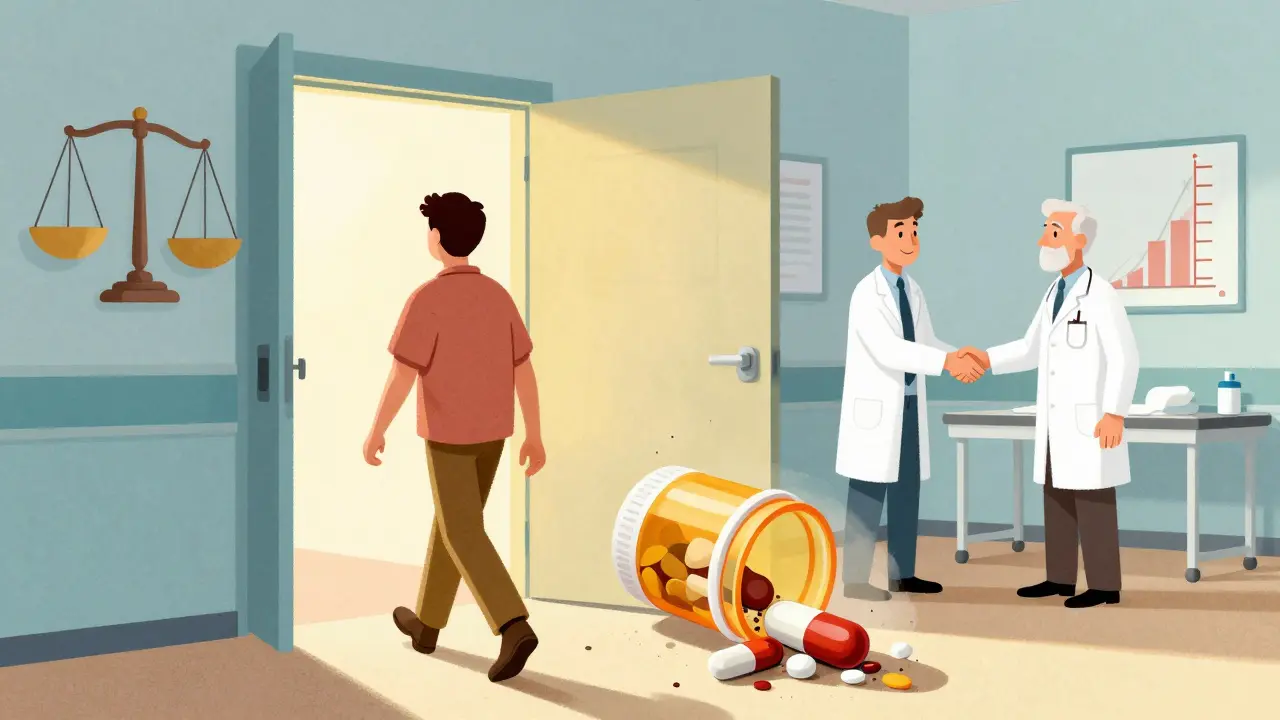 A patient walks away from the hospital as steroid pills dissolve, symbolizing recovery through tapering.