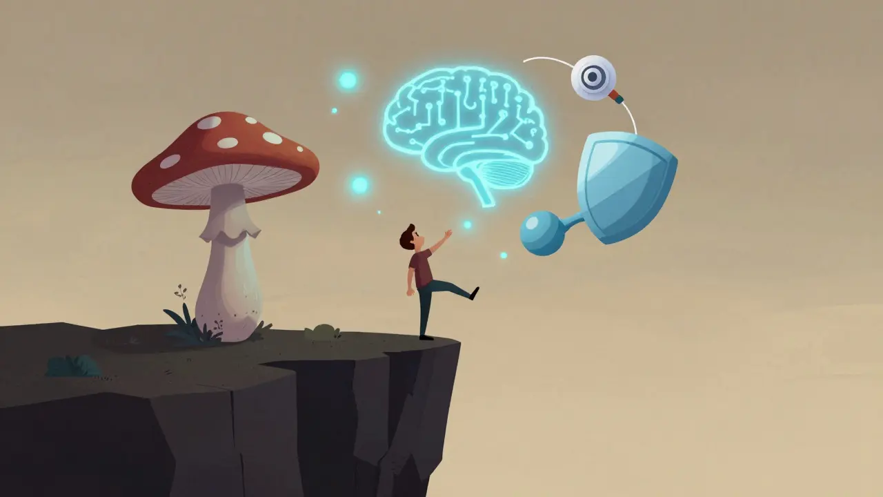 A person being lifted from darkness by glowing symbols of psilocybin, brain stimulation, and anti-inflammation.