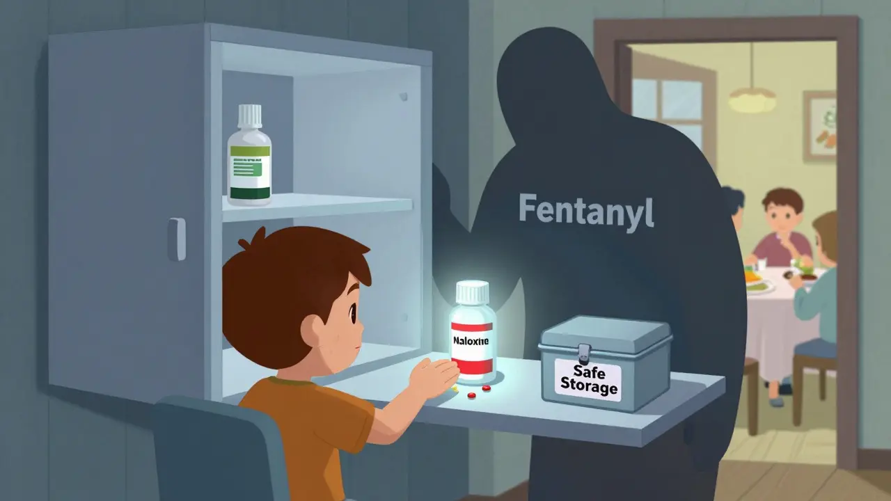 Child reaching for pills from an open cabinet while naloxone glows safely on the shelf.