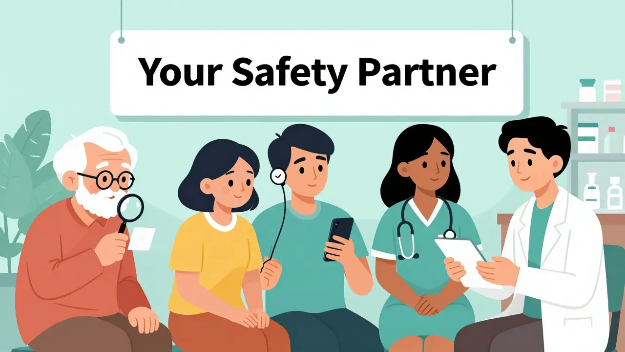 Diverse patients using tools to verify medications with pharmacist assisting