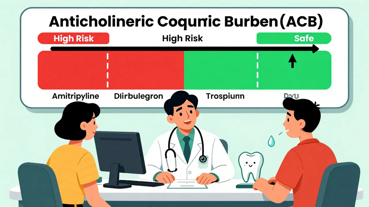 Doctor and patient with ACB scale showing high-risk and safe medications.