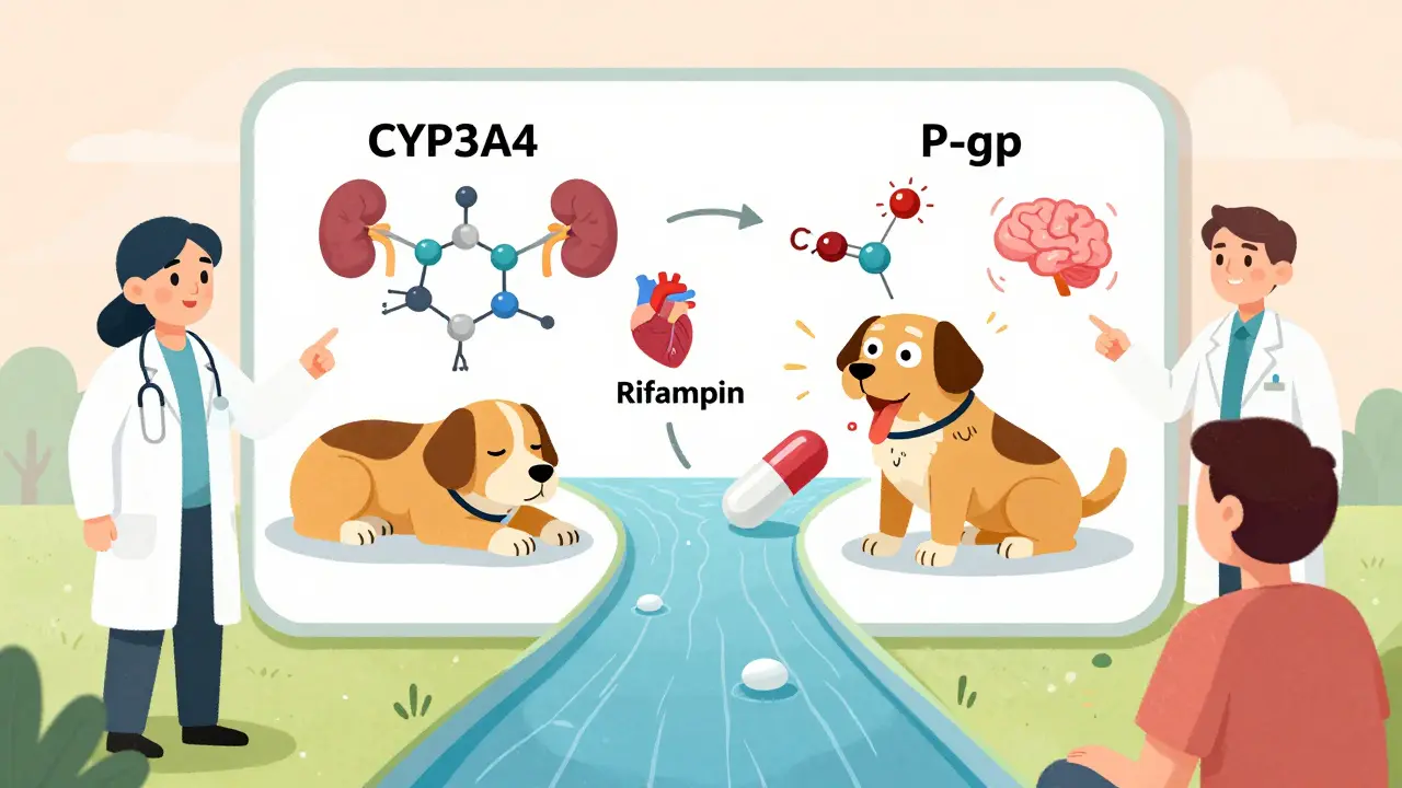 Doctor and pharmacist explaining drug interactions using flowchart of liver enzymes and bloodstream