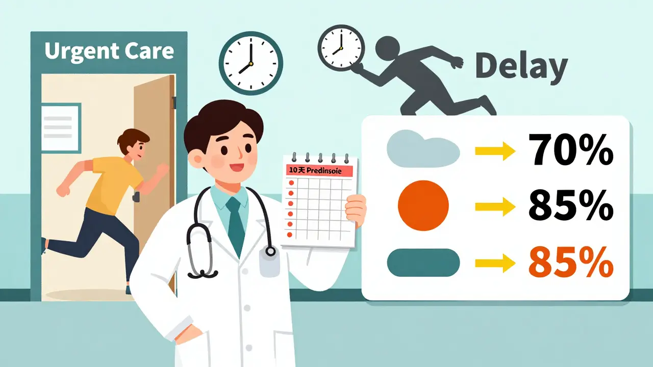 Doctor holding prednisone schedule with 48-hour clock and recovery rate comparison