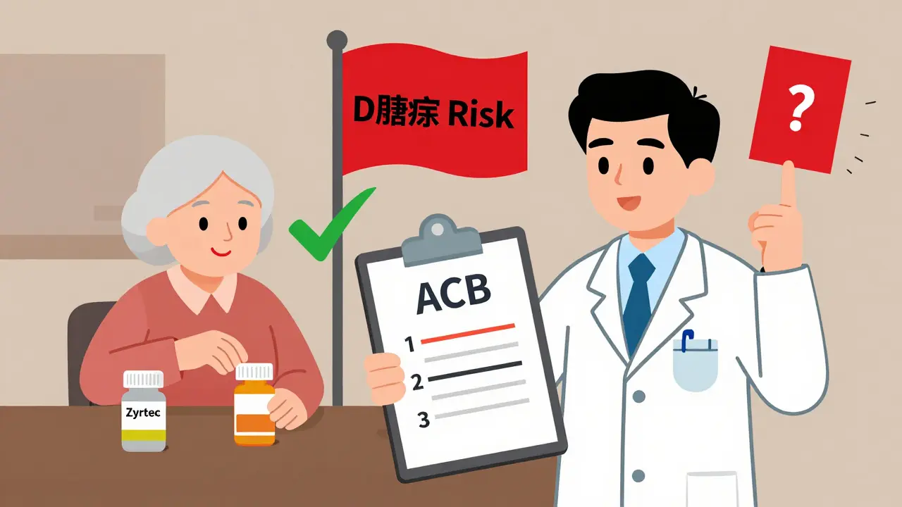 Doctor points to dementia risk chart as senior replaces risky meds with safer options.