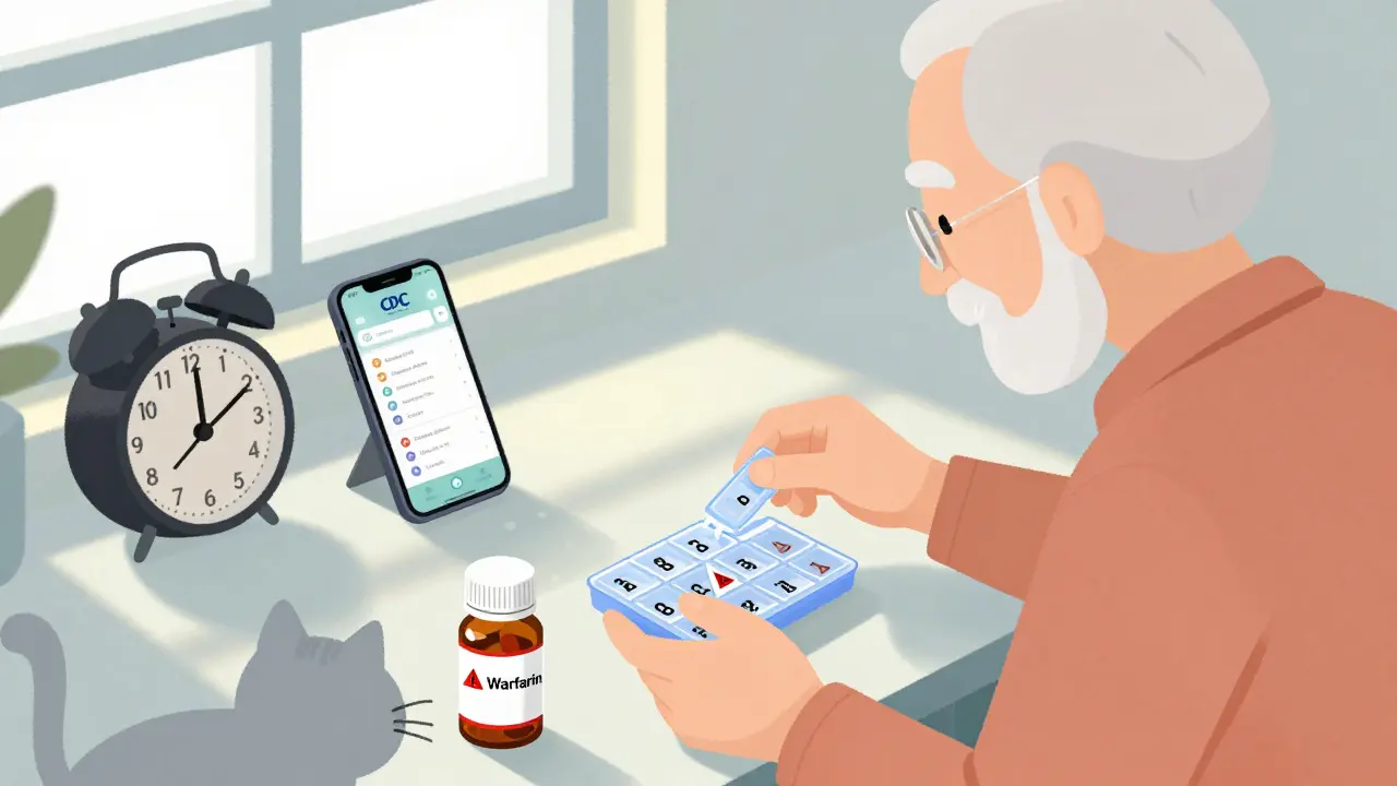 Elderly person organizing weekly pills with alarm clocks and app, while a cat approaches an expired blood thinner bottle.
