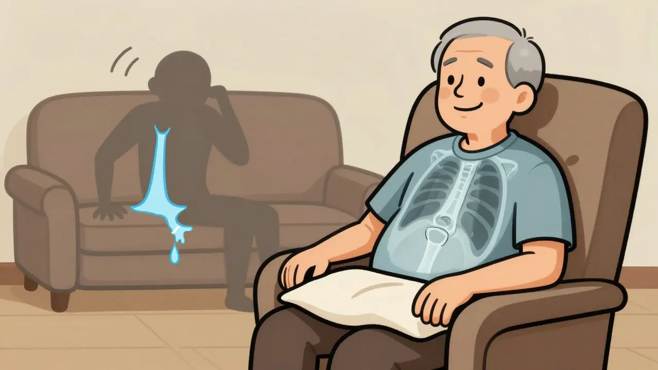 Elderly person sitting comfortably in an elevated chair, with X-ray showing healthy hip joint and pillow between knees.