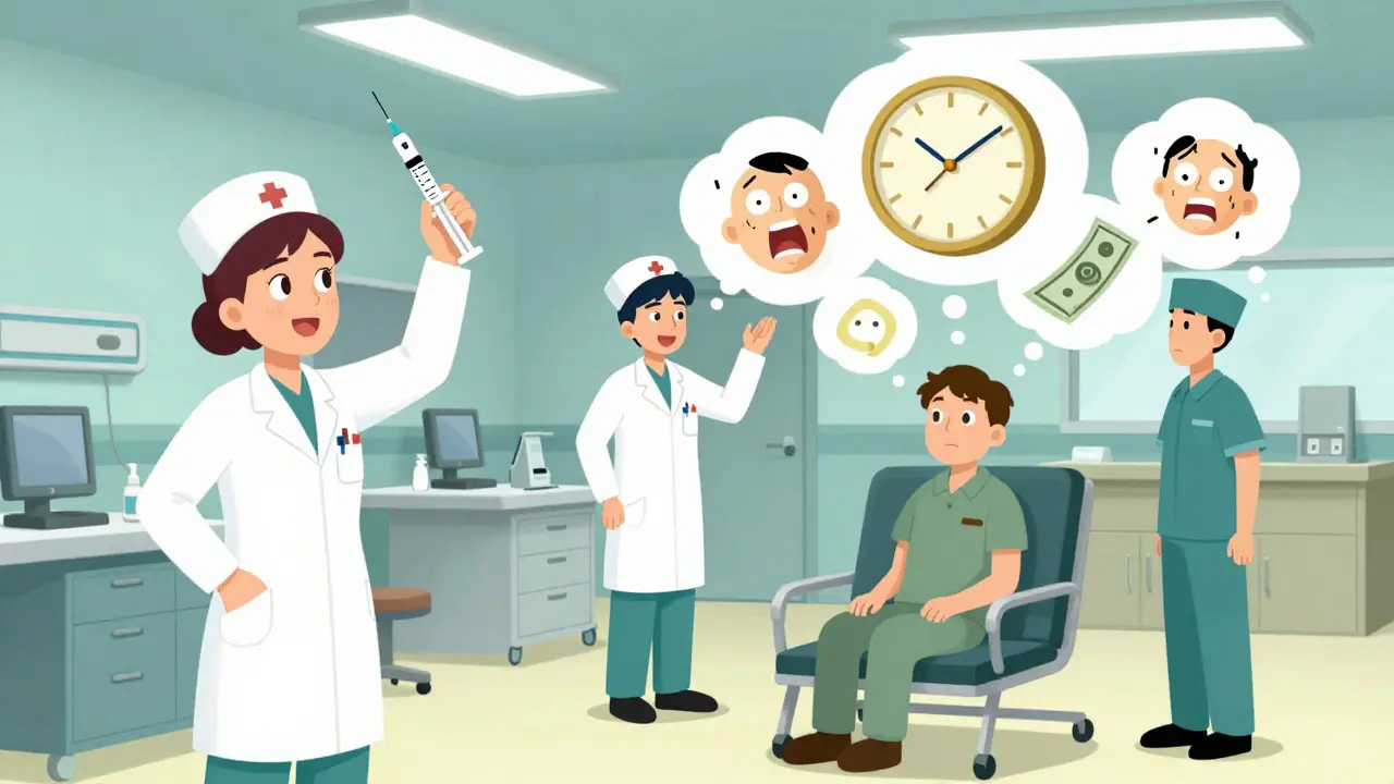 Emergency staff calm a psychotic patient by dimming lights, surrounded by symbolic thought bubbles of delusions.