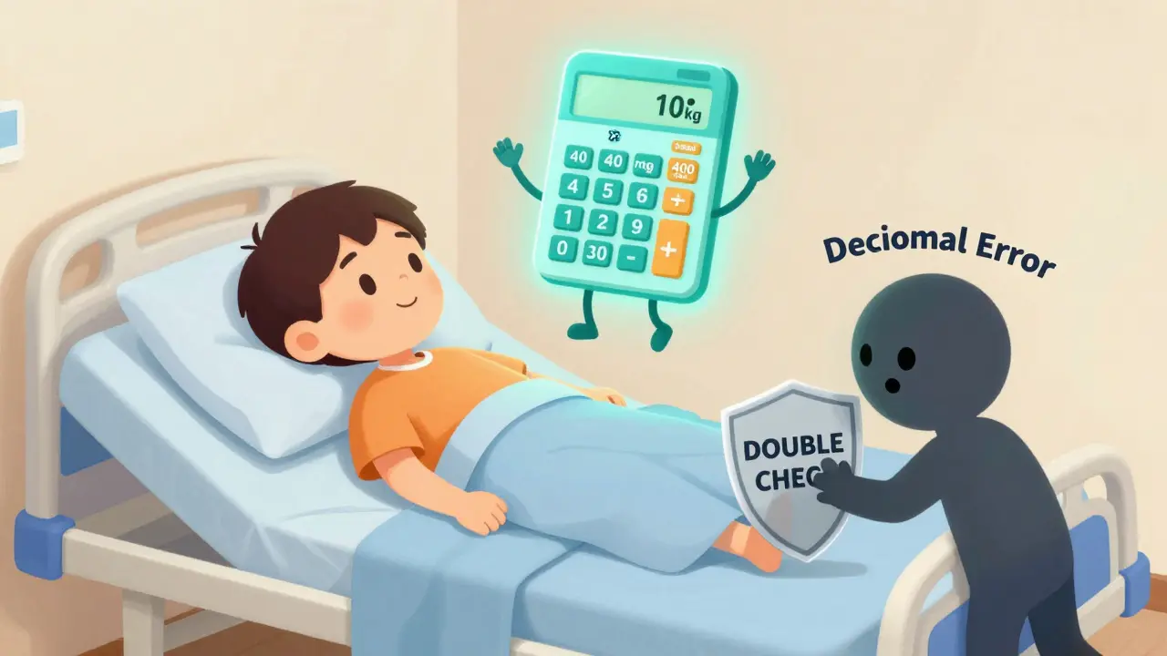 Friendly calculator performing safe weight-based dosing while blocking a decimal error shadow.
