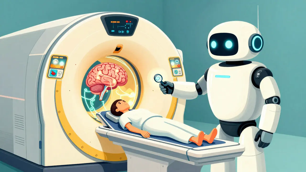 Friendly MRI robot scanning a patient while neural pathways glow inside the brain.