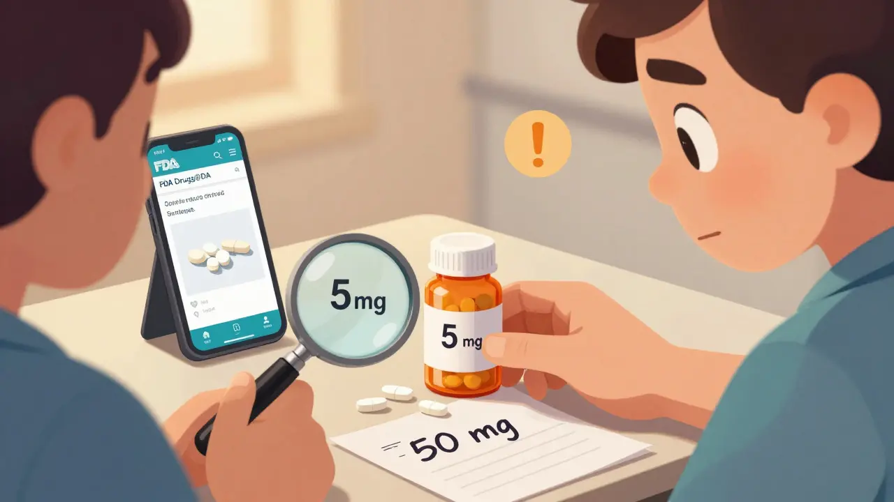 Hand counting pills with magnifying glass over label showing dosage discrepancy