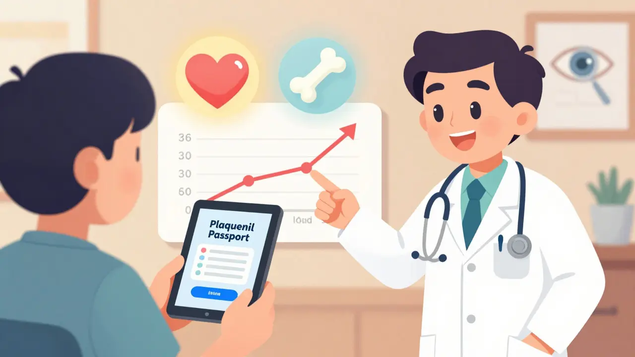 Patient and doctor reviewing a timeline chart showing improved joint health over months.