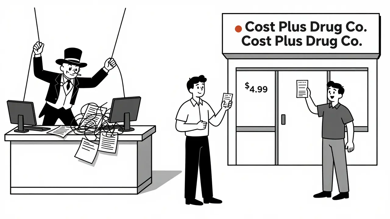 Patient choosing between complex insurance system and simple cash pharmacy