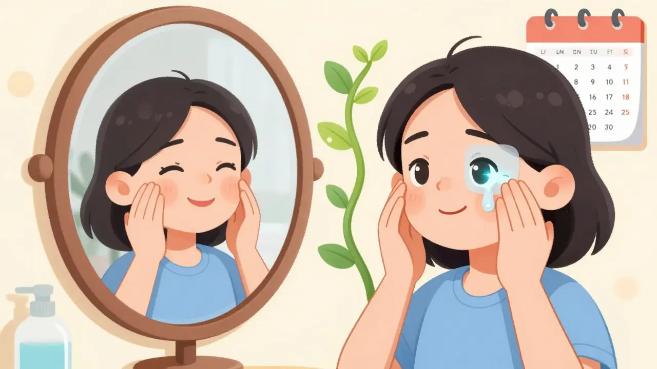 Patient doing facial exercises as nerve heals, eye protected by tape and tears