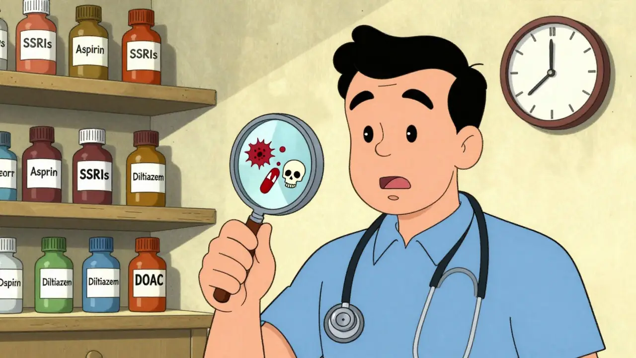 Patient examining DOAC pill with magnifying glass revealing bleeding and clot dangers