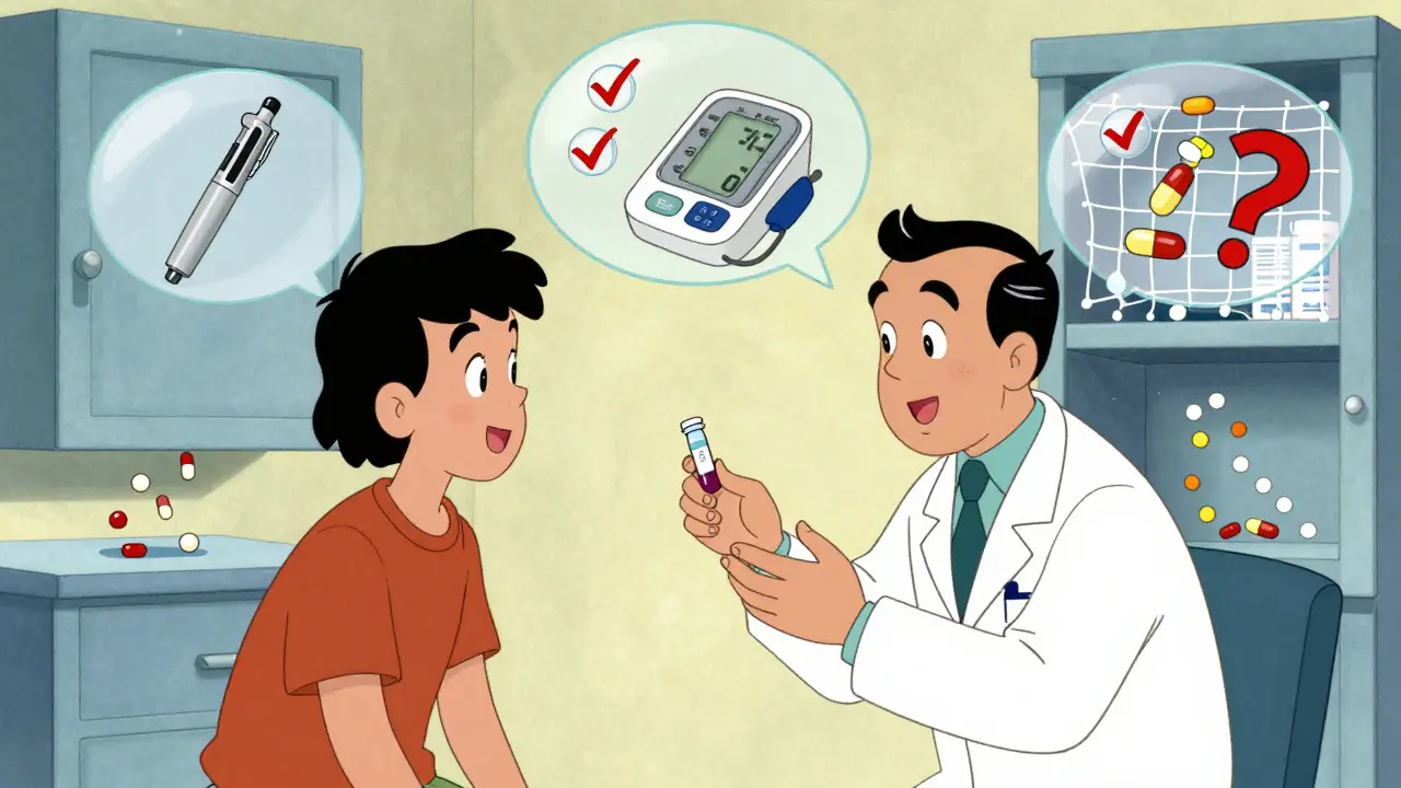 Patient explaining medication use to doctor with floating drug icons and safety net, expired pills falling into disposal bin.