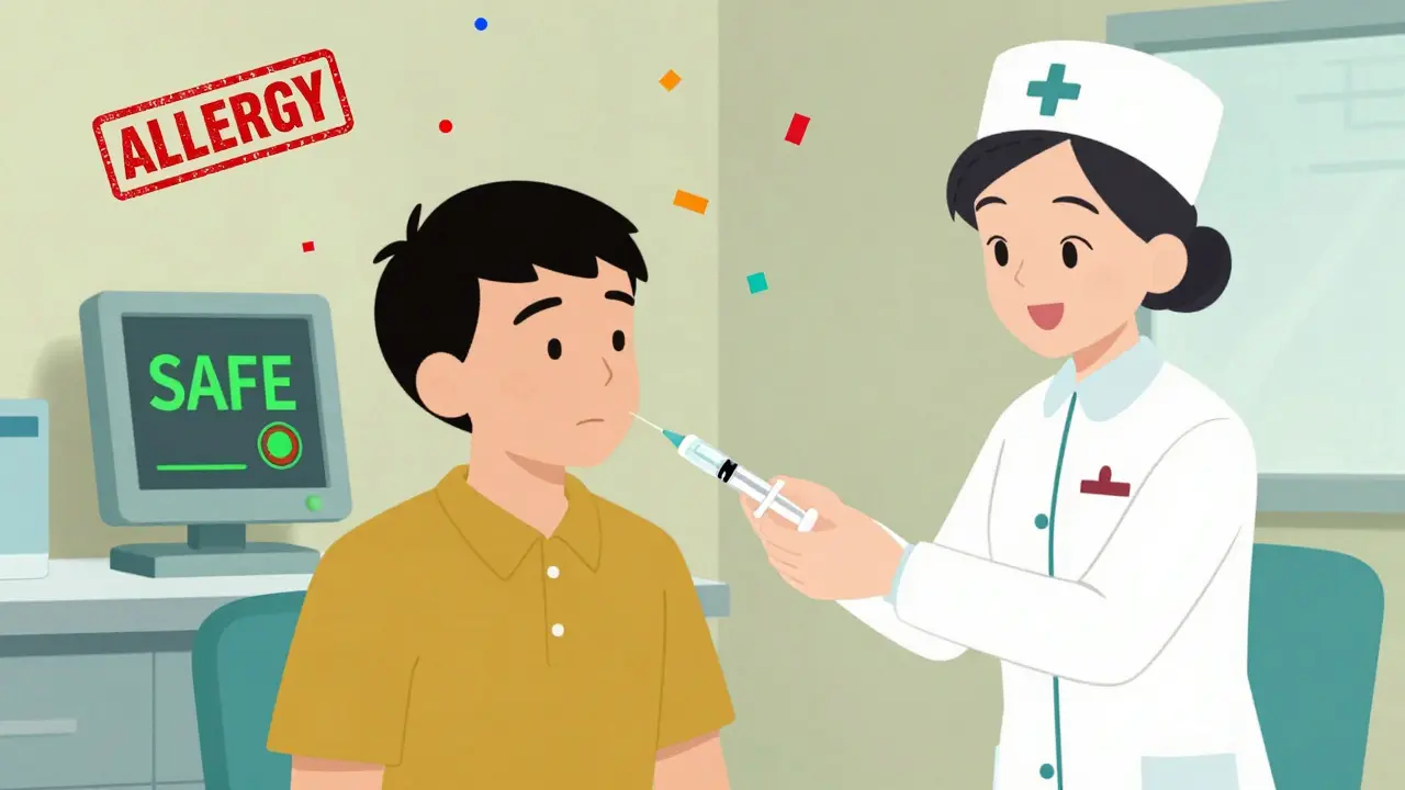 Patient getting skin test with green 'SAFE' signal in background