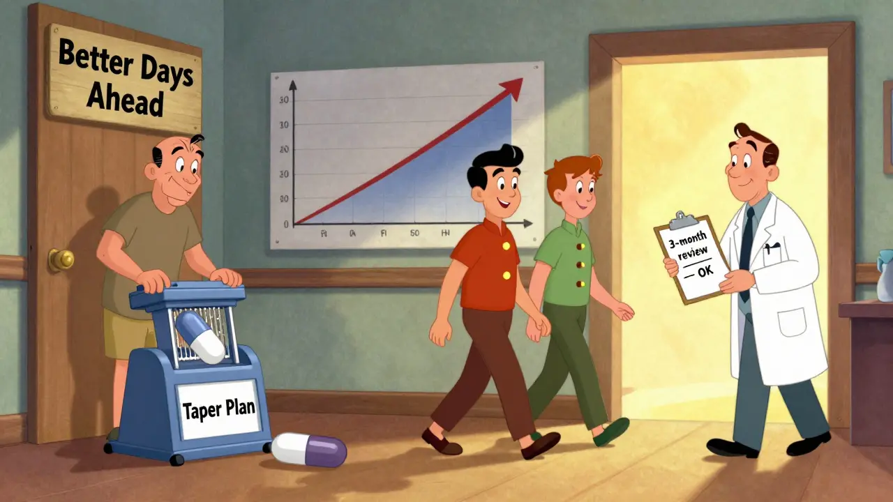 Patient shredding opioid pill as healthier alternatives walk toward a brighter future.