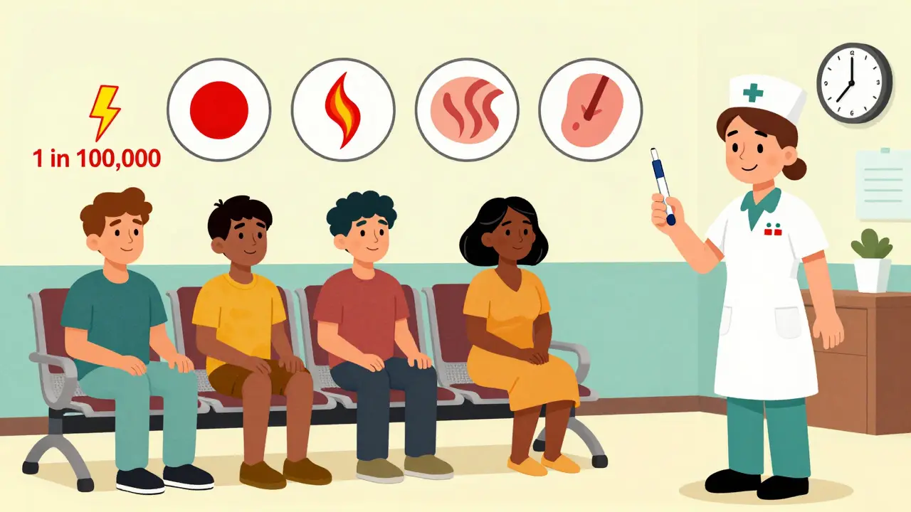 People waiting after vaccination with icons of common reactions and a rare lightning bolt indicating extreme rarity.