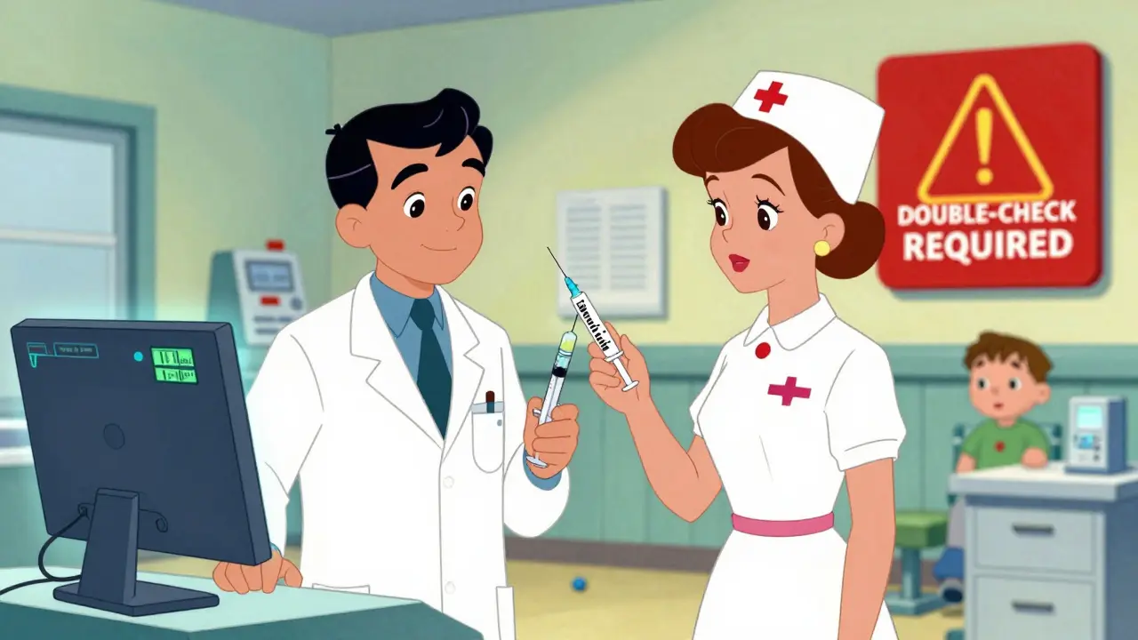 Pharmacist and nurse double-checking pediatric medication dose using electronic health record.