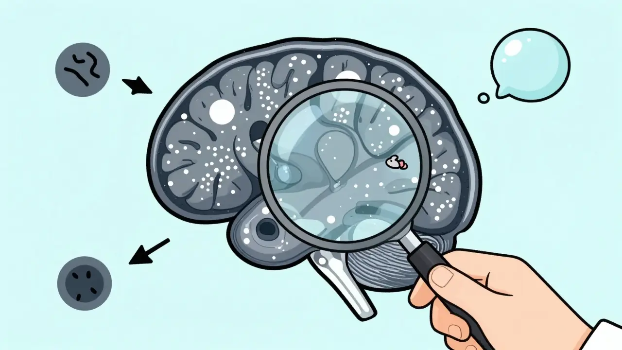 Radiologist examining a whimsical MRI brain slice with polka dot spots and hidden neuroma.