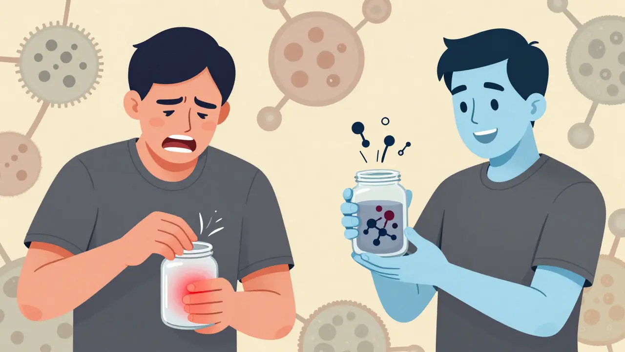 Side-by-side: swollen painful joints vs. calm joints as molecular sensors dim inside cells.