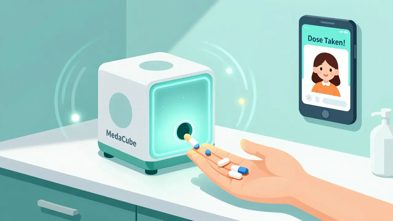 Smart pill dispenser glowing as it releases medication, with a phone showing a confirmation notification.