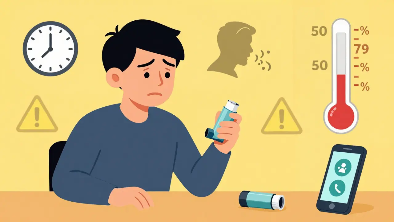 Someone in a yellow zone with warning signs, a dipping peak flow meter, and inhalers nearby.