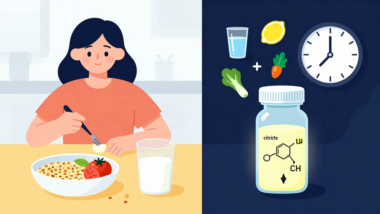 Split daily routine showing balanced meals and a urine test with positive chemical markers.