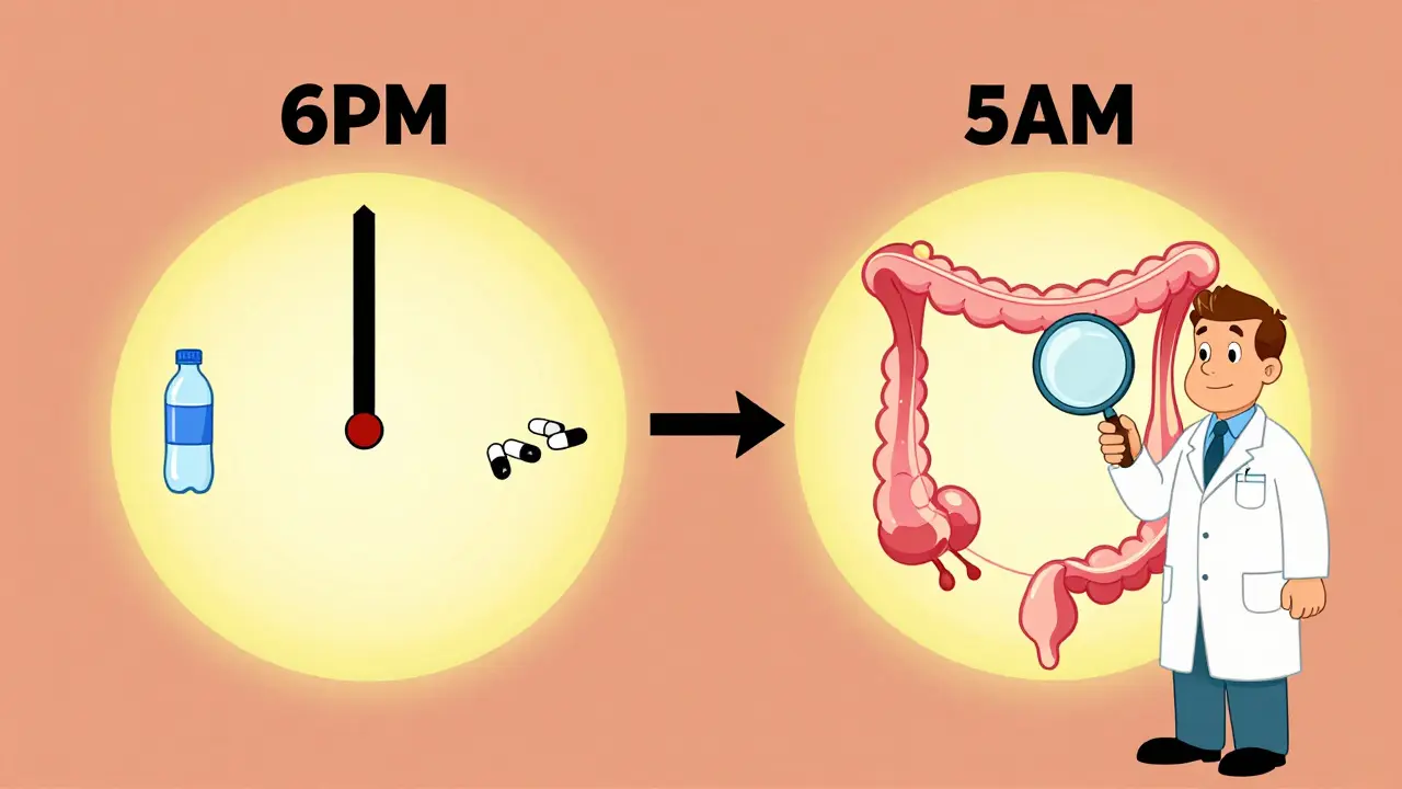 Split-dose prep timeline with two glowing clean colons and icons showing timing and hydration.