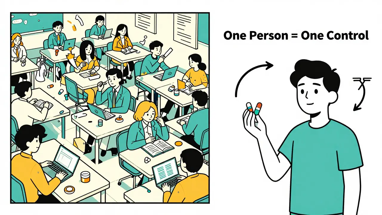 Split scene: chaotic parallel study vs. single person efficiently taking both drugs in a clean crossover design.