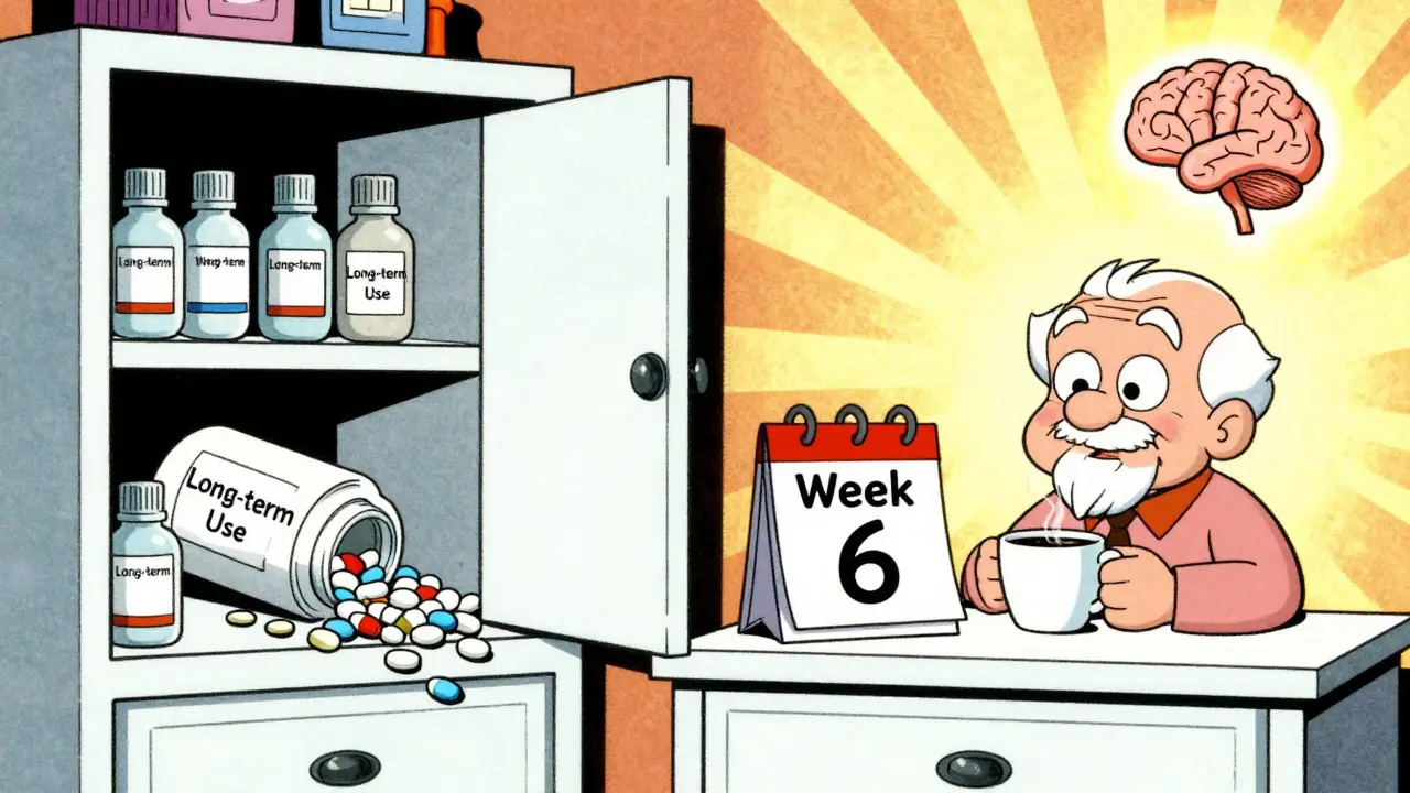 Split scene: messy medicine cabinet vs. clean one with calendar marking recovery after six weeks.