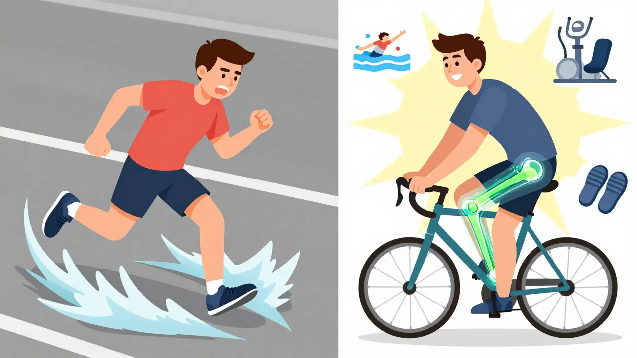 Split scene: runner in pain on pavement vs. same person cycling happily, with glowing healthy hip joint and activity icons.