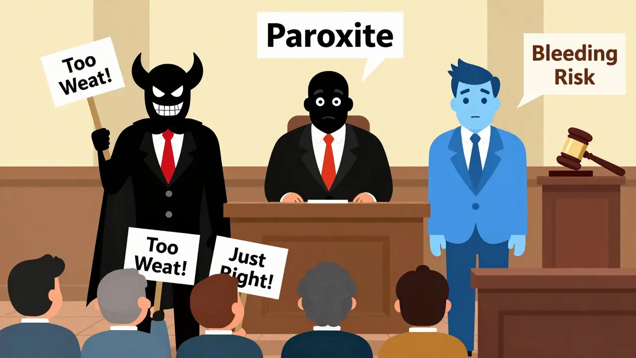 SSRI characters on trial with platelets as jury, highlighting bleeding risk differences